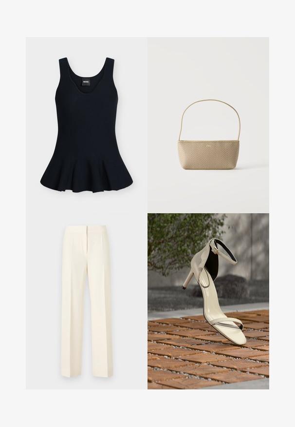 Haut noir sans manches, ajusté, avec un décolleté arrondi et un bas peplum évasé, avec une petite étiquette portant le nom de la marque "BOSS".; Pantalon droit sur mesure couleur blanc cassé avec pli avant, ceinture et fermeture avant dissimulée sur un fond uni.; Sandale beige à talons hauts avec bride à la cheville posée sur des lattes en bois en extérieur, avec un arrière-plan flou de verdure et de béton.; Sac à main tissé beige avec fine bandoulière et petit logo doré "BOSS" à l'avant, présenté sur fond blanc uni.