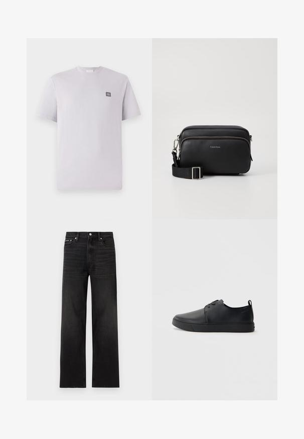 Hellblau-lilafarbenes T-Shirt mit kurzen Ärmeln aus Baumwolle, Rundhalsausschnitt und einem kleinen dunklen Logo-Patch auf der linken Brust. Glatte Textur.; Schwarze Jeans mit geraden Beinen, fünf Taschen, Gürtelschlaufen und Knopfverschluss, auf weißem Hintergrund dargestellt.; Schwarze Leder-Sneaker mit glatter Oberfläche, abgerundeter Zehenpartie, gleichfarbiger Nähte, schnürbarem Vorderteil und flacher Gummisohle. Schlaufe an der Ferse.; Schwarze Leder-Crossbody-Tasche mit zwei Reißverschlussfächern, strukturiertem Finish, verstellbarem Tragegurt und silbernen Hardware-Details. Calvin Klein-Logo angebracht.
