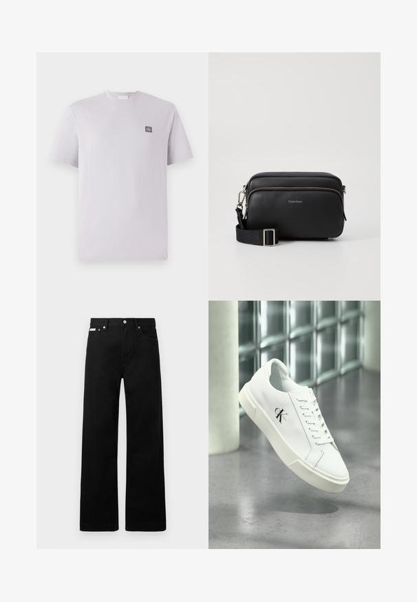 Hellblau-lilafarbenes T-Shirt mit kurzen Ärmeln aus Baumwolle, Rundhalsausschnitt und einem kleinen dunklen Logo-Patch auf der linken Brust. Glatte Textur.; Schwarze Denim-Hose im weiten Bein-Design mit fünf Taschen und metallenen Knopfdetails. Glatte Textur, ohne sichtbare Muster.; Weißer Calvin Klein Sneaker mit Schnürsenkeln, schwebend über einem polierten Betonboden und einer Glasbausteinwand im Hintergrund dargestellt.; Schwarze Leder-Crossbody-Tasche mit zwei Reißverschlussfächern, strukturiertem Finish, verstellbarem Tragegurt und silbernen Hardware-Details. Calvin Klein-Logo angebracht.