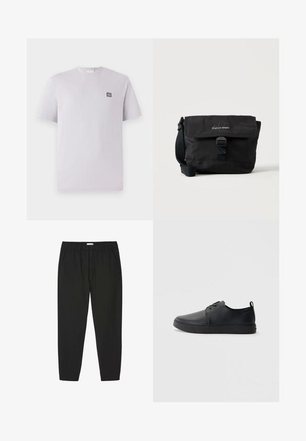 Hellblau-lilafarbenes T-Shirt mit kurzen Ärmeln aus Baumwolle, Rundhalsausschnitt und einem kleinen dunklen Logo-Patch auf der linken Brust. Glatte Textur.; Schwarze Hosen mit elastischem Bund, geraden Beinen und Seitentaschen, entwickelt für Freizeit- oder Berufsbekleidung.; Schwarze Leder-Sneaker mit glatter Oberfläche, abgerundeter Zehenpartie, gleichfarbiger Nähte, schnürbarem Vorderteil und flacher Gummisohle. Schlaufe an der Ferse.; Schwarze Calvin Klein Schultertasche mit Frontklappe, Schnallenverschluss und verstellbarem Schultergurt auf weißem Hintergrund.