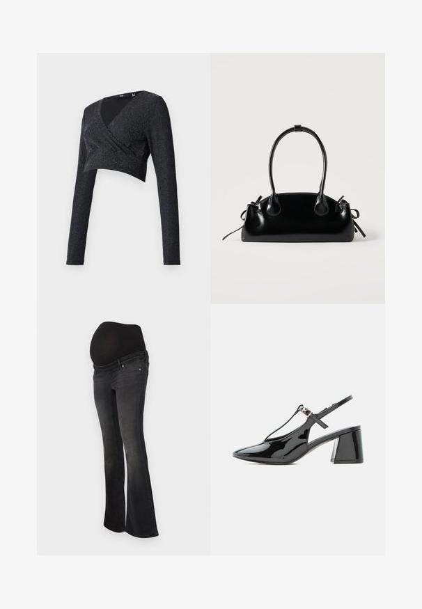 Top corto negro con mangas largas, diseño envolvente en escote en V, fabricado con un material texturizado con destellos plateados que crean un efecto brillante.; Jeans de maternidad en denim gris oscuro con un panel negro elástico para soporte de la barriga, diseño de pierna acampanada y estilo clásico de cinco bolsillos.; Zapato slingback de charol negro con tacón bajo, punta puntiaguda y tira en T con una pequeña hebilla dorada.; Pequeño bolso negro brillante con dos asas largas y detalles de cordón lateral sobre un fondo claro liso.
