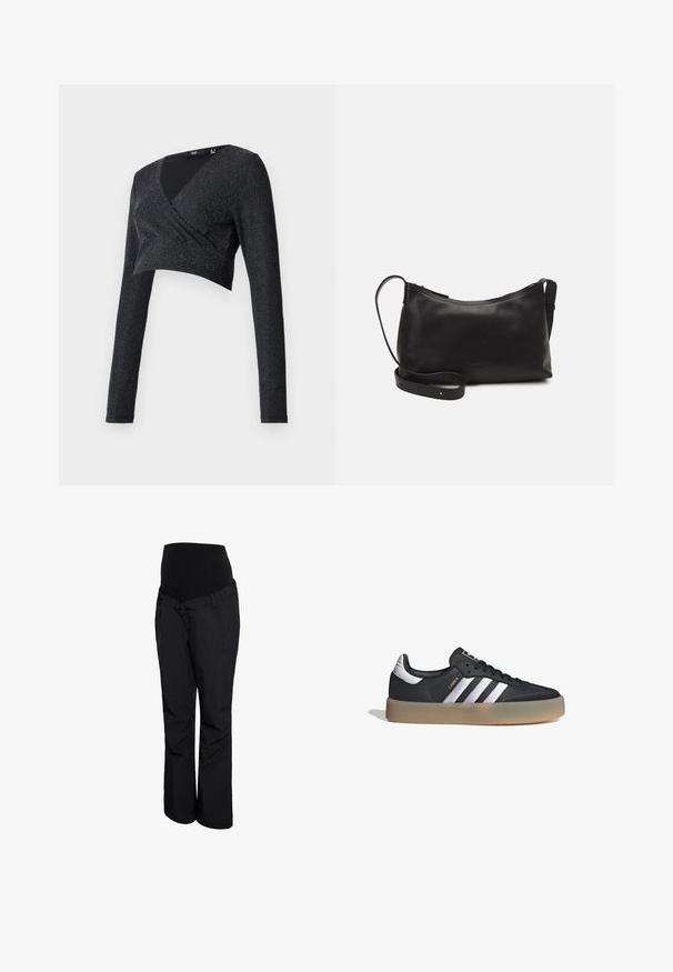 Top corto negro con mangas largas, diseño envolvente en escote en V, fabricado con un material texturizado con destellos plateados que crean un efecto brillante.; Pantalones de maternidad negros con una pretina alta y elástica, diseño de pierna recta y textura suave. Sin patrones visibles ni detalles de herrajes.; Zapatilla deportiva de cuero negro con tres rayas plateadas, punta texturizada y suela de goma. Cuenta con un collar acolchado y un diseño con cordones.; Bolso de hombro de cuero negro con una textura suave, forma curvada, correa ajustable y cierre con cremallera. Diseño minimalista sin adornos.