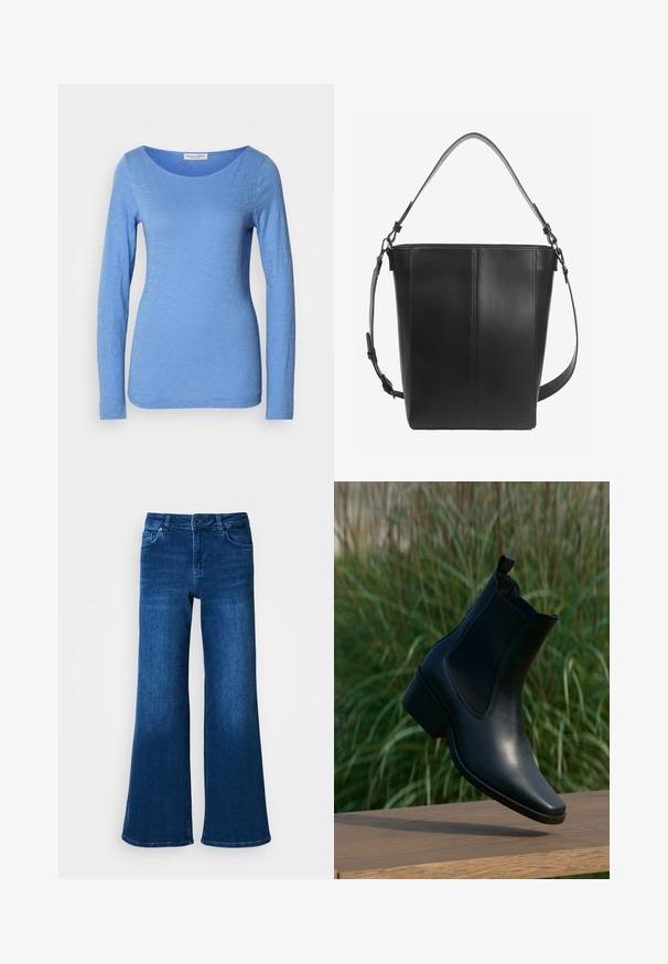Langärmliges T-Shirt mit Rundhalsausschnitt in Hellblau, aus weichem, strukturiertem Stoff. Verfügt über ein dezentes Melange-Muster und eine taillierte Silhouette.; Blaue Denim-Jeans mit weitem Bein und hohem Bund, ausgestattet mit fünf Taschen, Knopf- und Reißverschluss und einer glatten, gleichmäßigen Textur.; Schwarze Leder stiefelette mit spitzem Zehenbereich, elastischen seitlichen Einsätzen und niedrigem Blockabsatz, mit glatter Textur und minimalen Nähdetails.; Schwarze Leder-Bucket-Bag mit zwei verstellbaren Schulterriemen und minimalen Nahtdetails auf schlichtem Hintergrund.