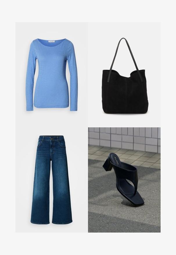 Langsleeve, ronde hals top in lichtblauw, gemaakt van zachte, gestructureerde stof. Heeft een subtiel gemêleerd patroon met een aansluitende silhouet.; Wijde jeans van donkerblauwe denim. Heeft een hoge taille, knoopsluiting en klassiek vijf-vakken ontwerp met subtiele vervaging.; Zwarte sandaal met hak, vierkante neus en brede band, geplaatst op grijs asfalt nabij betegelde muur.; Zwarte suede tote bag met twee lange, platte leren handvatten. Heeft een gebogen bovenrand en zichtbare stiksels aan de voorkant. Geen hardware-accenten.