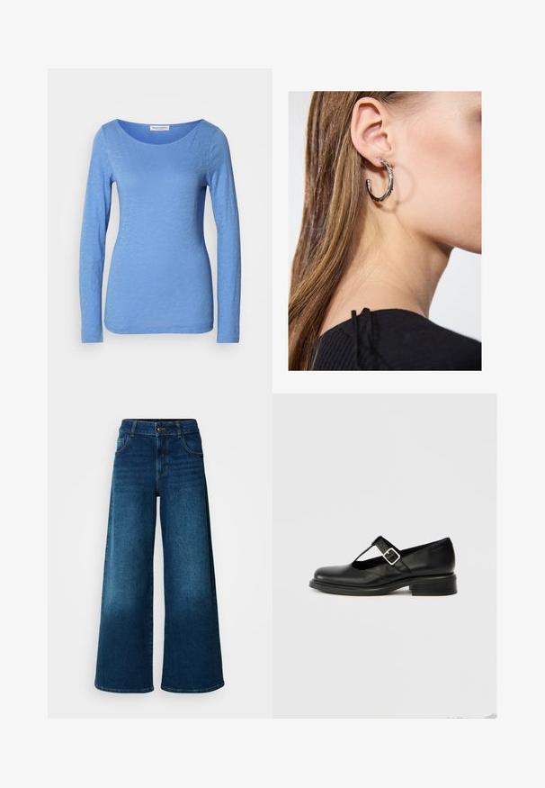Langsleeve, ronde hals top in lichtblauw, gemaakt van zachte, gestructureerde stof. Heeft een subtiel gemêleerd patroon met een aansluitende silhouet.; Wijde jeans van donkerblauwe denim. Heeft een hoge taille, knoopsluiting en klassiek vijf-vakken ontwerp met subtiele vervaging.; Zwarte leren Mary Jane schoen met een ronde neus, T-band ontwerp, verstelbare gesp en een laag gestapeld hakje. Gladde textuur met minimale details.; Zilveren oorbel met een gepolijste afwerking, met kleine gouden accentdetails en een ronde vorm, gedragen op de oorlel.