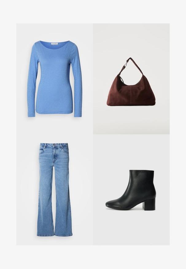 Langsleeve, ronde hals top in lichtblauw, gemaakt van zachte, gestructureerde stof. Heeft een subtiel gemêleerd patroon met een aansluitende silhouet.; Lichtblauwe jeans met wijde pijpen, gemaakt van denim. Voorzien van een klassiek ontwerp met vijf zakken en een zichtbare knoopsluiting. Zachte textuur en een eenvoudige afwerking.; Zwarte leren enkellaarzen met een spitse neus en een chunky hak. Gladde textuur met minimale accenten en een slank, strakk ontwerp.; Zachte bruine suède schoudertas met een enkele riem en zilverkleurige metalen accenten op een effen lichte achtergrond.