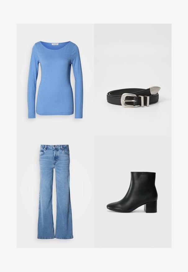 Langärmliges T-Shirt mit Rundhalsausschnitt in Hellblau, aus weichem, strukturiertem Stoff. Verfügt über ein dezentes Melange-Muster und eine taillierte Silhouette.; Hellblaue Jeans mit weitem Bein aus Denim. Mit klassischem Fünf-Taschen-Design und sichtbarem Knopfverschluss. Weiche Textur und schlichter Abschluss.; Schwarze Leder-Ankle-Boots mit spitzem Zehenbereich und klobigem Absatz. Glatte Textur mit minimalen Akzenten und einem eleganten, taillierten Design.; Schwarzer Ledergürtel mit einer silbernen Metallschnalle und doppelten Schlaufenakzenten, mit einer strukturierten Oberfläche und einem sich verjüngenden Ende für einen sicheren Sitz.