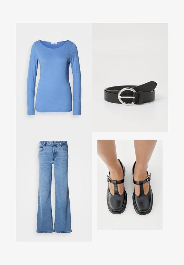 Langærmet T-shirt med rund hals i lys blå, lavet af blødt, tekstureret stof. Har et subtilt meleret mønster med en tætsiddende silhuet.; Lyseblå jeans med vid ben lavet af denim. Har et klassisk fem-lomme-design og synlig knaplukning. Blød tekstur og enkel finish.; Sorte lædersko med T-rem-design, lukket tå og sølvfarvede spændeaccenter. Glat tekstur med rundet tå og flad sål.; Sort læderbælte med en rund sølvspænde, glat overflade og et enkelt design. Remmen er justerbar med en spidse ende.