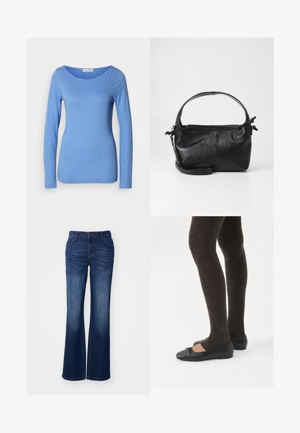 Langærmet T-shirt med rund hals i lys blå, lavet af blødt, tekstureret stof. Har et subtilt meleret mønster med en tætsiddende silhuet.; Blå denim flared jeans med en mid-rise talje, fem lommer og subtilt slid ved lårene. Har en frontknap og lynlås lukning.; Ben iført mørke ribbede leggings kombineret med sorte balletsko med små sløjfedetaljer på hvid baggrund.; Sort læderhåndtaske med et struktureret design, rund tophåndtag og aftagelig skulderrem. Den har en glat tekstur og en subtil glans.
