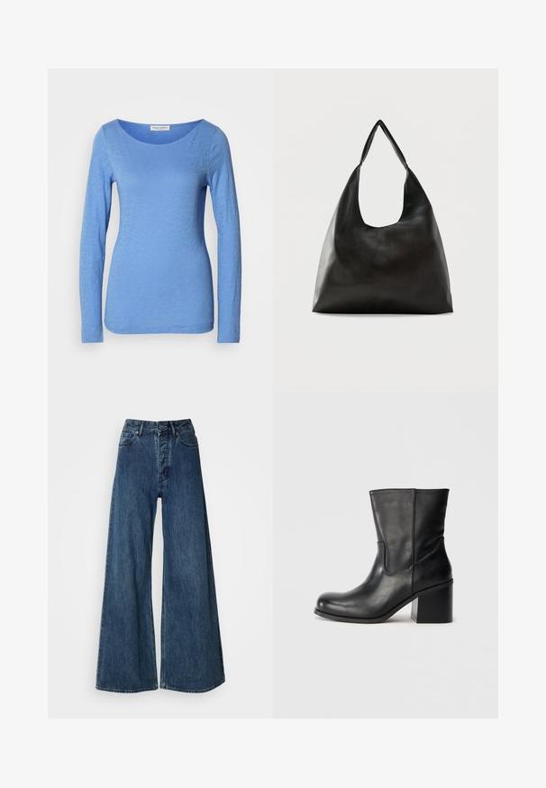 Langärmliges T-Shirt mit Rundhalsausschnitt in Hellblau, aus weichem, strukturiertem Stoff. Verfügt über ein dezentes Melange-Muster und eine taillierte Silhouette.; Weite Denim-Jeans in Dunkelblau mit hoher Taille, Fünf-Taschen-Design und kontrastierenden Nähten. Klassischer, strapazierfähiger Stoff.; Schwarzer Leder-Stiefelette mit rundlicher Spitze, Seitennähten und einem massiven Blockabsatz. Glatte Textur und minimalistisches Design.; Schwarze, glatte Leder-Schultertasche mit einem breiten, einzelnen Riemen und einem lässigen, minimalistischen Design vor einem einfarbigen Hintergrund.