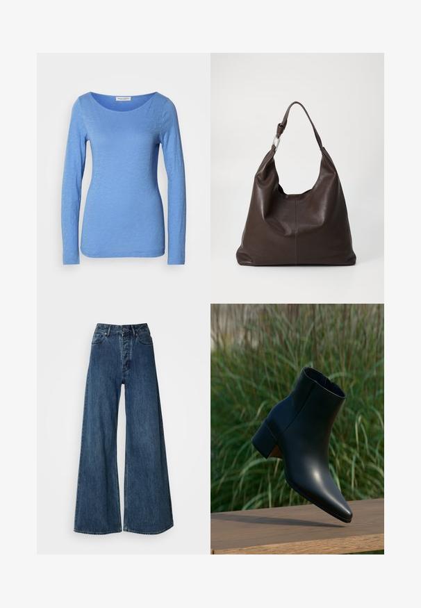 Langærmet T-shirt med rund hals i lys blå, lavet af blødt, tekstureret stof. Har et subtilt meleret mønster med en tætsiddende silhuet.; Bredde bukser i denim i mørkeblå, med høj talje, fem-lomme design og kontrasterende syninger. Klassisk, holdbart stof.; Sort læderankelstøvle med blokhæl, spids tå, vist over et trægulv med grøn sløret græs i baggrunden.; Zign by Zalando LEATHER - Shopping bags - chocolate brown
