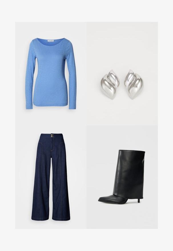 Langærmet T-shirt med rund hals i lys blå, lavet af blødt, tekstureret stof. Har et subtilt meleret mønster med en tætsiddende silhuet.; Jeans med vide ben i mørk denim med kontrastfuld orange syning, to forlommer og dobbelt knaplukning i taljen.; Sort læderankelstøvle med et struktureret, ombukket design, spids tå og en tynd hæl. Glat tekstur med minimalt detaljer.; Sølvøreringe med en organisk, abstrakt form. Glat, skinnende overflade med et tilspidset design. Har subtile kurver og en centrallinje detalje.