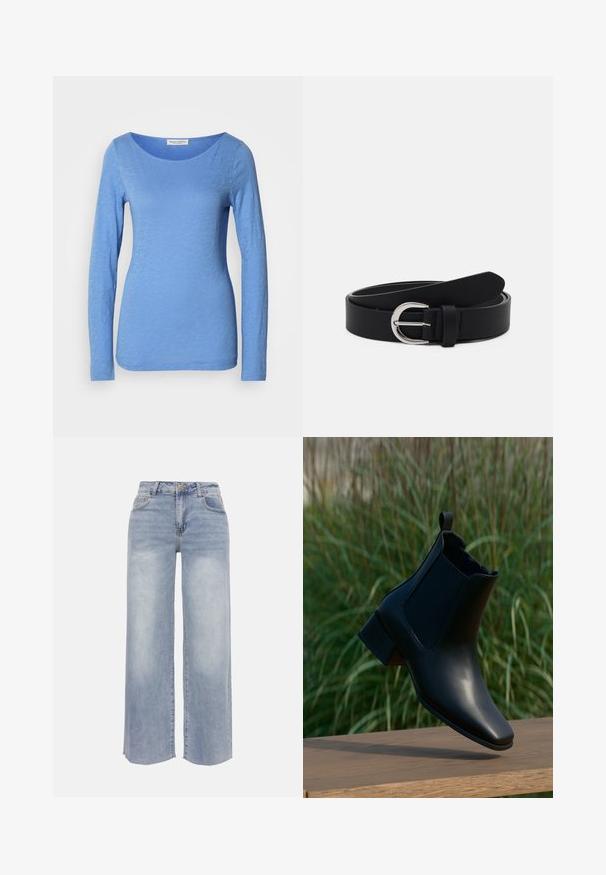 Haut à manches longues, col ras du cou en bleu clair, confectionné en tissu doux et texturé. Présente un subtil motif chiné avec une silhouette ajustée.; Jean denim bleu clair à jambes larges avec poches avant, passants pour ceinture, fermeture par bouton et détails délavés sur les cuisses et les genoux.; Bottine en cuir noir à talon bloc équilibrée sur une surface en bois, fond d'herbe haute verte.; Ceinture en cuir noir avec une boucle ronde en métal argenté, design plat, extrémité effilée, texture lisse et style minimaliste.