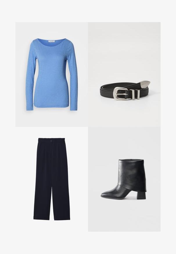 Camiseta de manga larga y cuello redondo en azul claro, hecha de un tejido suave y texturizado. Presenta un sutil patrón jaspeado con una silueta ajustada.; Pantalones de pierna ancha en azul marino con una textura suave, cintura elástica, un pliegue frontal y un cierre de botón en la cintura.; Bota de cuero negro hasta el tobillo con punta afilada, textura suave y un tacón bloque estructurado. Presenta un diseño de puño alto y doblado.; Cinturón de cuero negro con hebilla de metal plateado y acentos de doble lazo, que presenta un acabado texturizado y un extremo cónico para un ajuste seguro.