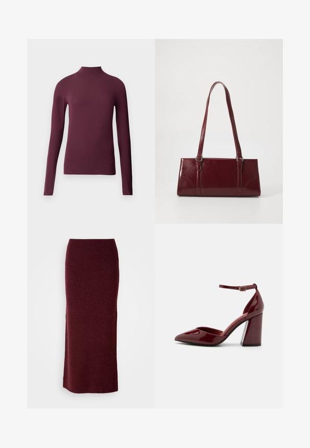 T-shirt bordeaux à manches longues et col roulé en tissu lisse et extensible. Design ajusté avec un col haut et sans coutures visibles.; Jupe maxi en laine bordeaux avec une silhouette ajustée, une texture lisse et un ourlet droit. Sans fermetures ou embellissements visibles.; Escarpin en cuir verni bordeaux à talon haut, avec un bout pointu, une bride de cheville et un talon épais. Texture lisse et design élégant.; Sac à main bordeaux en matériau brillant, de forme rectangulaire, avec deux anses et des accents légèrement courbés à l'avant.