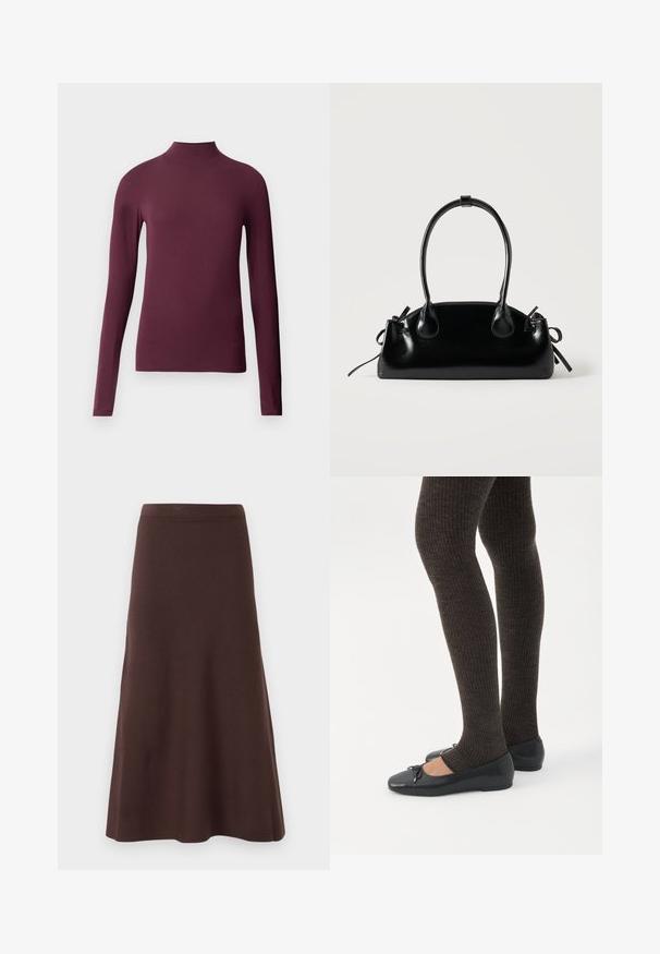 Bordeaux langærmet turtleneck skjorte lavet af glat, strækbart stof. Tætsiddende design med høj hals og ingen synlige sømme.; Brun A-line nederdel lavet af glat stof, med en tætsiddende talje og en flagrende kant, uden synlige mønstre eller pynt.; Ben iført mørke ribbede leggings kombineret med sorte balletsko med små sløjfedetaljer på hvid baggrund.; Lille sort blank håndtaske med to lange håndtag og snøre-detaljer i siden på en ensfarvet lys baggrund.