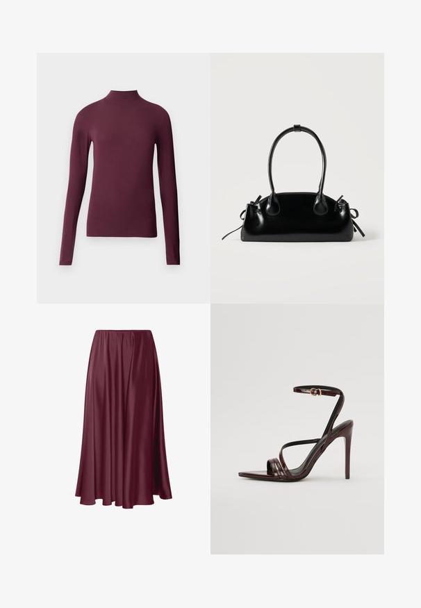 Bordeaux langærmet turtleneck skjorte lavet af glat, strækbart stof. Tætsiddende design med høj hals og ingen synlige sømme.; Bordeaux gulvlængde nederdel lavet af glat, blankt stof med et flydende design og elastisk talje. Ingen mønstre eller accenter til stede.; Bordeaux laker læder højhælede sandal med ankelrem, spids tå og tre vandrette remme over foden. Detalje med spænde i guldtonet.; Lille sort blank håndtaske med to lange håndtag og snøre-detaljer i siden på en ensfarvet lys baggrund.