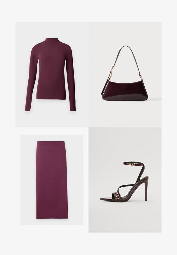 Camisa de manga larga tipo cuello alto en color burdeos, hecha de un tejido suave y elástico. Diseño ajustado con un cuello alto y sin costuras visibles.; Falda lápiz lisa de color ciruela con corte recto y longitud media, presentada extendida sobre un fondo blanco.; Sandalia de tacón alto de charol burdeos con tira en el tobillo, punta afilada y tres tiras horizontales en el pie. Detalle de hebilla en tono dorado.; Bolso de cuero marrón oscuro y brillante con una sola correa de hombro y detalles en hardware de tono dorado sobre un fondo liso.