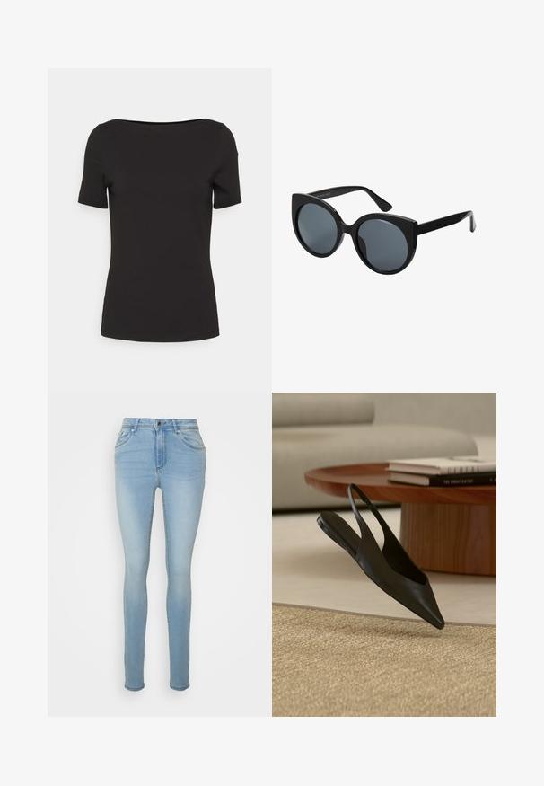 Camiseta negra de manga corta con escote cuadrado, hecha de una tela suave, con un diseño ajustado y sin patrones ni acentos visibles.; Vero Moda Tall VMTANYA PIPING - Vaqueros pitillo - light blue denim; Zapato plano negro de punta puntiaguda con tira trasera cerca de una mesa redonda de madera con libros apilados sobre una alfombra beige en una sala de estar moderna.; Gafas de sol negras de gran tamaño con forma de ojo de gato, lentes oscuros y montura de plástico brillante. Presenta patillas gruesas para mayor soporte.