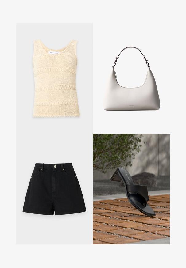 Débardeur tricoté sans manches de couleur crème avec un motif à rayures horizontales texturé et un col rond.; Shorts en denim noir taille haute, cinq poches, accessoires en métal argenté et coupe standard, présentant une texture lisse et des finitions soignées.; Sandale à talon noire Calvin Klein avec boucle pour l’orteil, posée sur un sol en carreaux de bois en extérieur, près d’un arbre et d’un mur en pierre.; Sac à bandoulière en cuir couleur crème de Calvin Klein avec bord supérieur incurvé, fermeture éclair argentée et sangle ajustable brun foncé.