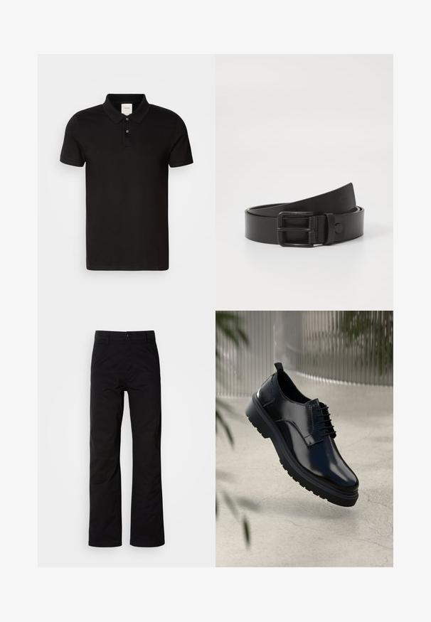 Camisa polo negra hecha de una tela suave con un cuello clásico. Presenta dos botones en el cuello, mangas cortas y un logotipo sutil en el pecho.; Pantalones de algodón negros con un diseño de pierna recta, que cuentan con un cierre de botón y lazos para cinturón. Textura suave y estilo minimalista sin patrones visibles.; Zapato de cuero negro con un acabado brillante, puntera redonda, diseño de cordones, costuras de contraste y una suela de goma gruesa con patrones de tracción.; Cinturón de cuero negro con una hebilla metálica rectangular. Presenta una textura suave y un diseño minimalista, con un ligero enrollado en el extremo.
