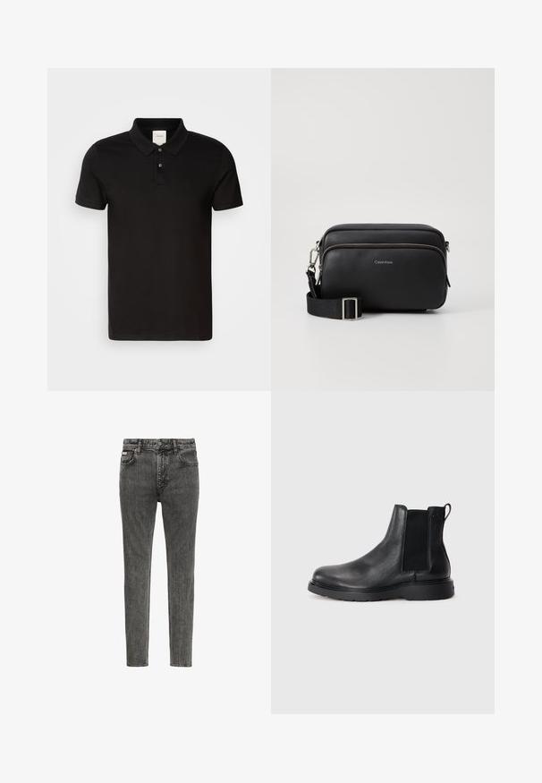 Schwarzes Poloshirt aus glattem Stoff mit klassischem Kragen. Verfügt über zwei Knöpfe am Hals, kurze Ärmel und ein dezentes Logo auf der Brust.; Schmal geschnittene, ausgewaschene schwarze Denim-Jeans mit fünf Taschen, Gürtelschlaufen und Knopfverschluss an der Taille, vorderseitig auf weißem Hintergrund gezeigt.; Schwarze Leder-Chelsea-Boots mit strukturiertem Finish, elastischen seitlichen Einsätzen und einer robusten Gummisohle. Dezentes Branding an der Ferse.; Schwarze Leder-Crossbody-Tasche mit zwei Reißverschlussfächern, strukturiertem Finish, verstellbarem Tragegurt und silbernen Hardware-Details. Calvin Klein-Logo angebracht.