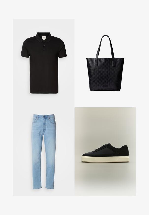 Zwarte polo met een gladde stof en een klassieke kraag. Bevat twee knopen bij de hals, korte mouwen en een subtiel logo op de borst.; Lichtblauwe denim jeans met een rechte pasvorm, vijf zakken en riemlussen. De stof heeft een gladde textuur met een lichte vervaging.; Zwarte lage sneaker met dikke witte zool, veters aan de voorkant en een subtiel "cK" logo aan de zijkant.; Zwarte draagtas met twee lange handvatten, subtiel geometrisch patroon, rechthoekige vorm en een klein merkembleem vlak bij de onderkant in het midden.