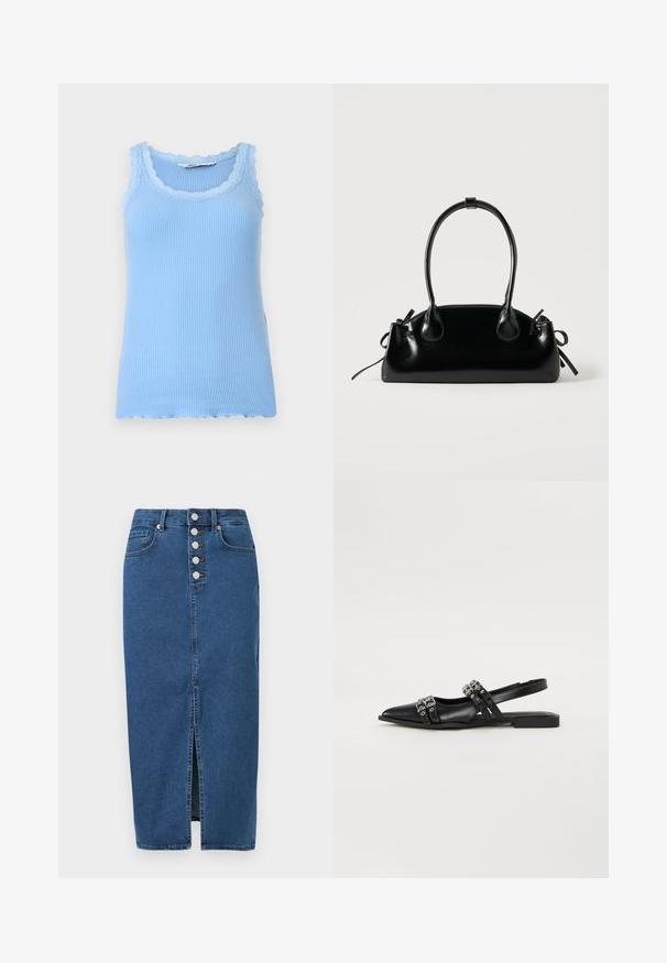 Débardeur bleu clair côtelé avec bordure en dentelle autour de l'encolure et des emmanchures, sans manches avec ourlet festonné.; Jupe midi en denim bleu avec fente à l'avant, fermeture par boutons et design à cinq poches.; Even&Odd by Zalando Ballerines à brides arrière - black; Petit sac à main noir brillant avec deux longues anses et des détails à cordon sur les côtés sur un fond clair uni.