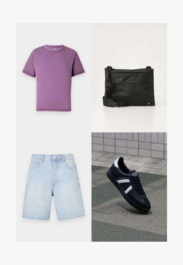 Camiseta de manga corta morada hecha de algodón suave, con cuello redondo y costuras en contraste a lo largo de las costuras.; Pantalones cortos de denim azul claro con corte recto, que cuentan con bolsillos delanteros, cierre de botón y costuras informales. Textura suave sin patrones.; Zapatilla de cuero negra con rayas blancas, suela de goma texturizada y parte frontal con cordones. Cuenta con una etiqueta de marca en la lengüeta.; Bolso mensajero de nylon negro con correa ajustable, diseño plano y una etiqueta lateral con un logo. Textura suave y estilo minimalista.