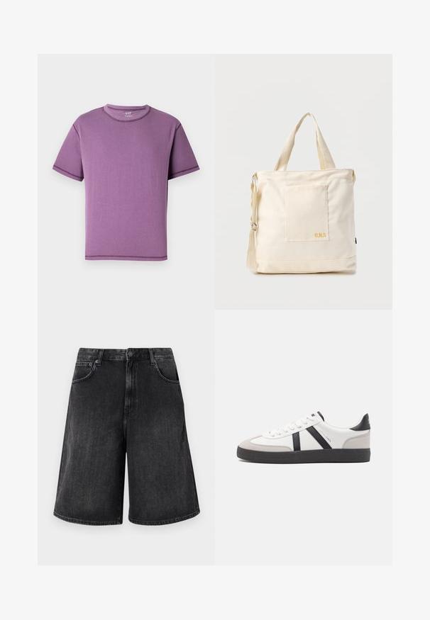 Camiseta de manga corta morada hecha de algodón suave, con cuello redondo y costuras en contraste a lo largo de las costuras.; Shorts de mezclilla negra con un corte recto y amplio, que cuentan con un cierre frontal con botón y cinco bolsillos. Textura suave con un acabado desgastado.; Zapatilla blanca con acentos en negro y gris, que presenta una puntera texturizada en gris, suela de goma negra y cordones planos blancos. Diseño limpio, estilo minimalista.; Bolsa tote de lona color crema con bolsillo delantero, dos asas, correa de hombro ajustable y pequeño texto amarillo "O.N.S" en la parte inferior derecha del bolsillo.