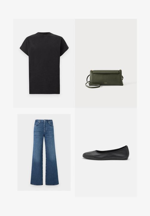 T-shirt noir à manches courtes avec col rond, coupe décontractée, design uni et col côtelé sur fond blanc.; Jean bleu taille haute à jambes larges, fermeture devant par bouton et zip, poches avant et arrière, passants pour ceinture.; Ballerines en cuir noir avec un bout rond, texture lisse, détails de couture minimalistes et design de semelle flexible.; Sac en cuir texturé vert foncé, porté en travers du corps, avec fermeture à rabat et fine sangle réglable, embossé d'un petit logo doré "Bee Projects".