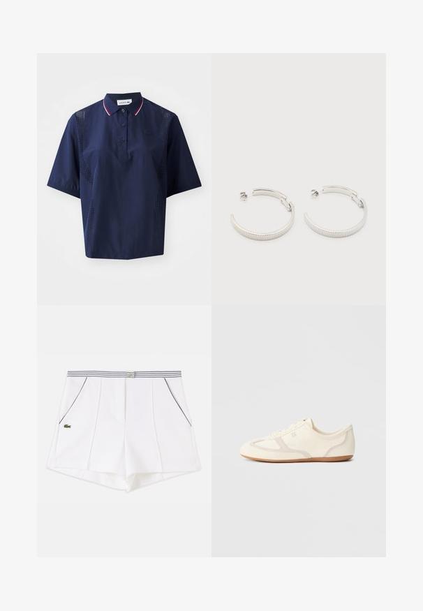 Polo shirt à manches courtes bleu marine avec fermeture à boutons, col contrasté avec des accents rouges et blancs, et panneaux latéraux perforés pour la respirabilité.; Short blanc sur mesure avec coutures verticales, ceinture rayée, poches avant avec passepoil noir et petit logo crocodile vert sur le côté gauche.; Baskets couleur crème avec une tige en daim et tissu, un bout arrondi, et une semelle en caoutchouc avec un détail accent beige. Fermeture à lacets.; Boucles d'oreilles demi-cercles ton argent avec texture striée et fermoirs à pression sur fond blanc.