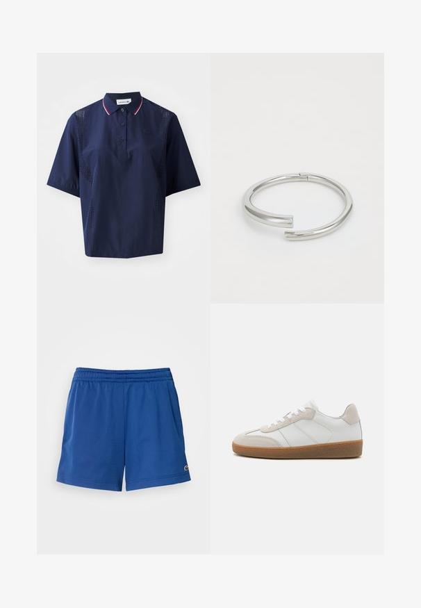 Polo de manga corta en azul marino con cierre de botones, cuello contrastante con acentos en rojo y blanco, y paneles laterales perforados para mayor transpirabilidad.; Pantalones cortos deportivos azules hechos de una tela ligera con una cintura elástica, que cuentan con bolsillos laterales y un pequeño logo cerca del dobladillo.; Deportivas de cuero blanco con acentos de ante beige, lengua texturizada y suela de goma. Presenta cordones blancos y detalles sutiles de costura.; Calvin Klein SPIRAL - Pulsera - silver-coloured