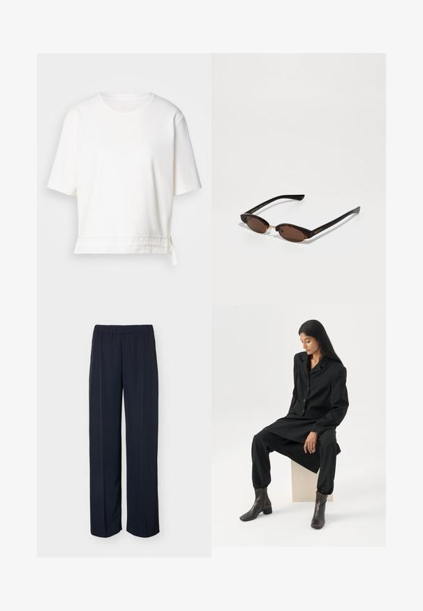 T-shirt blanc à manches courtes en tissu doux. Présente un col rond et un ourlet incurvé avec un détail de lien sur le côté en bas.; Pantalon droit bleu marine foncé avec taille élastique et détail subtil de pli avant, présenté sur un fond uni.; Femme aux longs cheveux foncés assise, portant un blazer noir ample, un pantalon large assorti et des bottines foncées, sur un fond blanc uni.; Lunettes de soleil ovales teintées de brun avec des montures en écaille de tortue foncée et un logo "McQueen" doré sur les branches, posées sur une surface blanche.