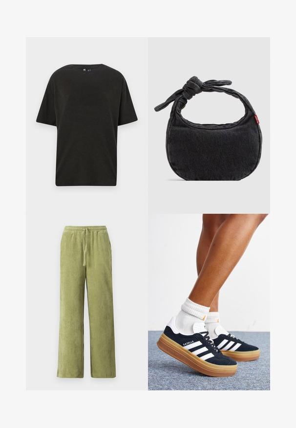 T-shirt en coton noir avec un col rond, des manches courtes et une coupe décontractée. Présente une texture lisse et un design minimaliste.; Pantalon en velours côtelé vert avec une coupe à jambes larges, taille élastique et détail de cordon de serrage. Les côtes verticales du tissu créent une texture.; Jambes portant des chaussettes blanches et des baskets Adidas Gazelle noires avec des bandes blanches et des semelles épaisses marron sur un sol recouvert de moquette grise.; Petit sac d'épaule en denim noir avec une sangle nouée et une fermeture éclair, arborant une étiquette en tissu rouge Levi's sur le côté.