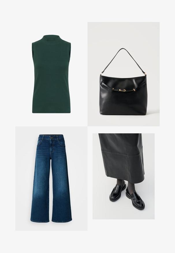 Haut à col roulé sans manches en tissu côtelé de couleur vert foncé. Caractéristiques : un col haut, une texture lisse et une coupe ajustée.; Jean large en denim bleu foncé. Doté d'une taille haute, d'une fermeture à bouton et d'un design classique à cinq poches avec une légère décoloration.; Mocassins en cuir noir avec une finition lisse, ornés d'une bande décorative, à bout rond et avec une semelle texturée. Portés avec une longue jupe en cuir noir.; Sac à épaule en cuir noir avec une bandoulière unique et un petit détail de boucle dorée à l'avant, sur un fond clair uni.