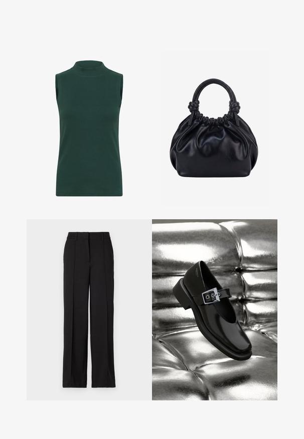 Haut à col roulé sans manches en tissu côtelé de couleur vert foncé. Caractéristiques : un col haut, une texture lisse et une coupe ajustée.; Pantalons noirs à jambe droite, dotés de deux plis avant, d'une taille et sans poches ni embellissements visibles.; Chaussure Mary Jane en cuir noir avec un bout carré, un accent de boucle en argent et un talon bas épais, sur un fond argenté brillant.; Sac à main en cuir noir souple avec le dessus froncé et deux grosses poignées nouées sur un fond uni clair.