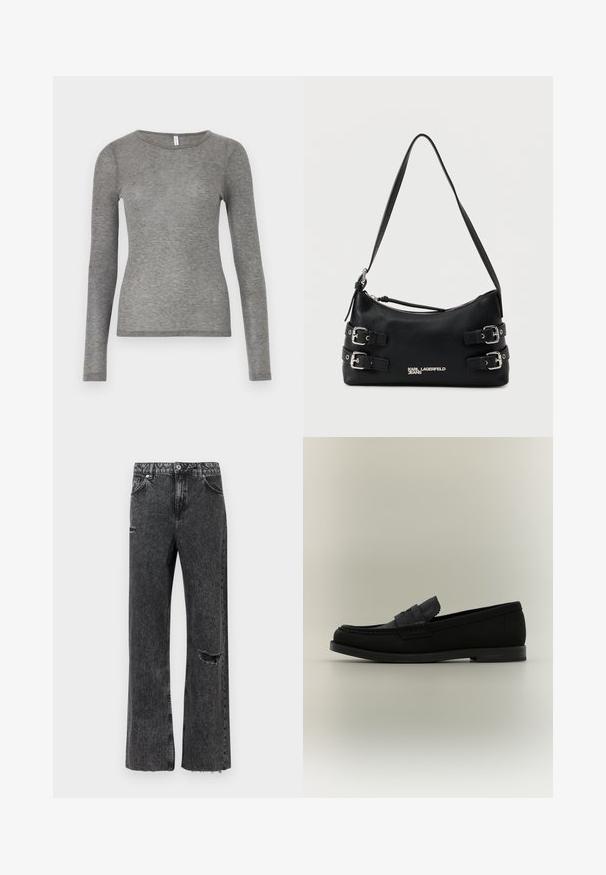 Samsøe Samsøe DOU - T-shirt à manches longues - grey; Jean à jambes larges en denim noir vieilli, avec un détail déchiré au genou, un ourlet effiloché et une braguette à boutons standard avec poches.; Mocassin penny en cuir noir avec talon bas, couture mocassin sur l’avant et une bride classique traversant le cou-de-pied, présenté sur un fond neutre.; Sac à bandoulière en cuir noir avec boucles argentées sur les côtés, fermeture éclair, sangle réglable, et logo "Karl Lagerfeld Jeans" à l'avant.
