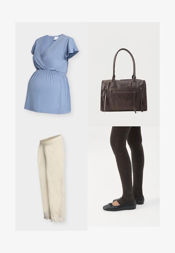 Haut de maternité bleu clair à manches courtes, col en V croisé à l'avant, et taille élastique pour le confort et l'ajustement.; Pantalon beige à jambes larges avec taille élastique et bordure en dentelle à œillets à l'ourlet, présenté sur un fond uni.; Jambes portant des leggings côtelés foncés associés à des ballerines noires avec de petits détails en nœud sur fond blanc.; Sac à main en cuir marron foncé avec double poignée, poche zippée avant et deux détails zippés verticaux sur les côtés, sur fond blanc.