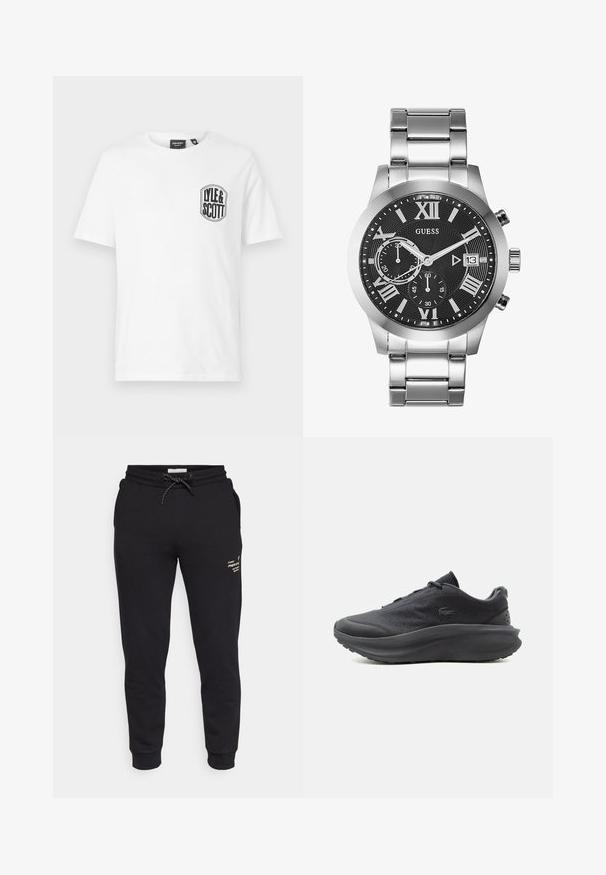 Witte katoenen T-shirt met een ronde hals, voorzien van een zwart Lyle & Scott-logo patch op de linkerborst. Korte mouwen, eenvoudig ontwerp.; Zwarte joggingsbroek van zachte stof, met een elastische tailleband, trekkoord, zijzakken en een klein wit logo-detail.; Zwarte atletische sneaker met gestructureerd bovenwerk, veterontwerp, dikke gevoerde zool en klein krokodillenmerksymbool aan de zijkant.; Rvs-horloge met een zwart gestructureerde wijzerplaat. Voorzien van Romeinse cijfers, sub-dials en een datvenster. Zilverkleurige afwerking op de band.