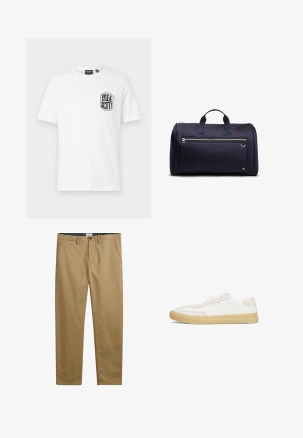 Valkoinen puuvillapaita, jossa on pyöreä kaula-aukko ja musta Lyle & Scott -logopainatus vasemmassa rinnassa. Lyhyet hihat, perusmuotoilu.; Khaki puuvillahousut suoraan leikkauksella, jossa on sivutaskut, nappisulku ja tekstuuri.; Valkoiset tennarit, jotka on valmistettu nahasta ja mokasta, varustettu nauhakiinnityksellä, vaaleanruskealla kumipohjalla ja pienellä logolla sivussa.; Tummansininen duffel-laukku, jossa on kahdet kahvat, etutasku vetoketjulla ja pieni suorakaiteen muotoinen logo alareunan oikeassa kulmassa.