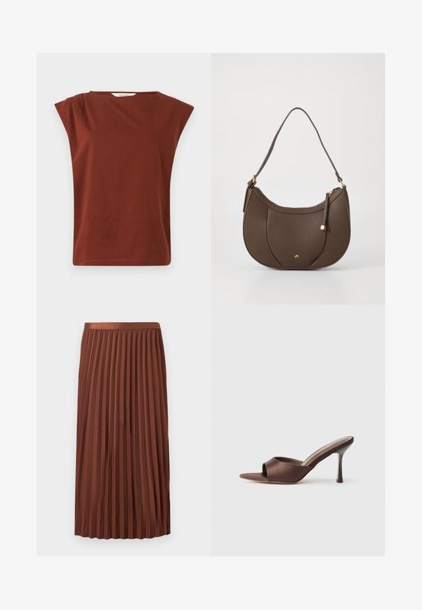 Haut marron rouille sans manches avec larges épaulettes et encolure ronde, fabriqué en tissu doux, présenté sur un fond uni.; Jupe plissée marron mi-longue avec taille élastique, suspendue à plat sur un fond blanc.; Mule en satin marron à bout ouvert avec un talon fin de hauteur moyenne et une conception à enfiler sur fond blanc uni.; Sac à main en cuir brun avec une forme courbée, accentué par un petit détail en métal doré et une surface texturée, doté d'une fermeture éclair.