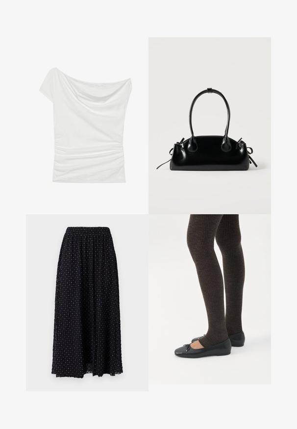Haut blanc à épaules dénudées en tissu doux, avec un décolleté drapé et un détail froncé sur le côté, agrémenté d'une accent en dentelle texturée à l'ourlet.; Jupe maxi noire avec une texture en maille à motif de diamant, taille élastique et légère fronce en haut, avec des accents argentés partout.; Jambes portant des leggings côtelés foncés associés à des ballerines noires avec de petits détails en nœud sur fond blanc.; Petit sac à main noir brillant avec deux longues anses et des détails à cordon sur les côtés sur un fond clair uni.