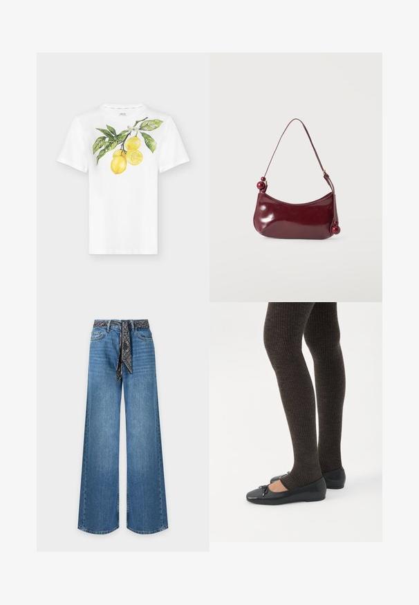 T-shirt blanc à manches courtes avec un imprimé d'une branche de citronnier comprenant trois citrons, dont un coupé en deux, et des feuilles vertes avec de petites fleurs blanches.; Jean en denim bleu taille haute à jambes larges, avec poches avant et ceinture en tissu noire à motif nouée à la taille.; Jambes portant des leggings côtelés foncés associés à des ballerines noires avec de petits détails en nœud sur fond blanc.; Petit sac à épaule rouge foncé brillant avec un bord supérieur incurvé et des perles rondes décoratives aux extrémités de la bandoulière.