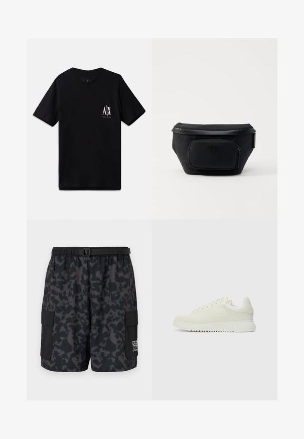 Schwarzes T-Shirt mit kurzen Ärmeln aus Baumwolle, ausgestattet mit einem kleinen weißen Logo auf der linken Brust. Einfaches Rundhalsausschnitt-Design, glatte Textur.; Schwarze Shorts mit einem dunklen Camouflage-Muster, elastischem Taillenbund, Seitentaschen und einem Gürtel mit Schnalle. Hergestellt aus leichtem, bequemem Material.; Weiße Leder-Sneaker mit texturiertem Obermaterial, runder Zehenpartie, flacher weißer Sohle und tonalen Schnürsenkeln. Dezentes Branding auf der Zunge.; Schwarze Nylon-Tasche mit einer vorderen Reißverschlusstasche, ausgestattet mit einer glatten Textur und einem Logo-Akzent. Strukturierte Design mit einem umklappbaren oberen Teil.