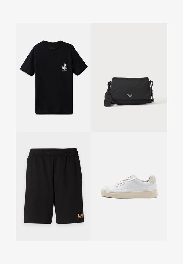 Camiseta de manga corta negra de algodón, con un pequeño logo blanco en el lado izquierdo del pecho. Diseño simple de cuello redondo, textura suave.; Pantalones cortos deportivos negros de tejido suave, con una cintura elástica y un pequeño logo amarillo de EA7 en la parte inferior de la pierna izquierda.; Zapatilla blanca con parte superior de cuero suave, cordones beige y un tirador de talón de ante beige texturizado. Suela elevada para mayor altura.; Bolso bandolera negro con correa ajustable y pequeño emblema de logo plateado en la solapa frontal, mostrado sobre un fondo claro y liso.
