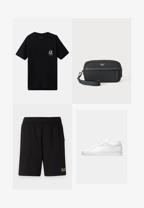 Zwarte t-shirt met korte mouwen van katoen, met een klein wit logo op de linkerborst. Eenvoudig ronde hals ontwerp, gladde textuur.; Zwarte sportshorts van zacht materiaal, met een elastische tailleband en een klein geel EA7-logo op de onderste linkeronderbroek.; Witte lage sneaker met veters, minimalistisch ontwerp en gouden "Filling Pieces" merk aan de zijkant tegen een effen achtergrond.; Zwarte rechthoekige polstas met voorvak met rits, zilveren logo-embleem en afneembare band met merktekst.