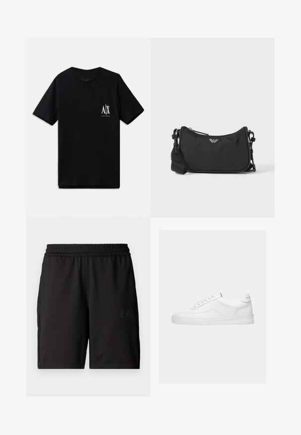Camiseta de manga corta negra de algodón, con un pequeño logo blanco en el lado izquierdo del pecho. Diseño simple de cuello redondo, textura suave.; Pantalones cortos deportivos negros hechos de un tejido ligero, con una cinturilla elástica y paneles laterales de malla. Logo de la marca impreso en la parte delantera.; Zapatilla deportiva blanca de corte bajo con diseño con cordones, parte superior de cuero liso y suela gruesa, vista de lado sobre un fondo liso.; Bolso cruzado rectangular negro con emblema del logo de la marca en plata y correa ajustable sobre fondo claro.