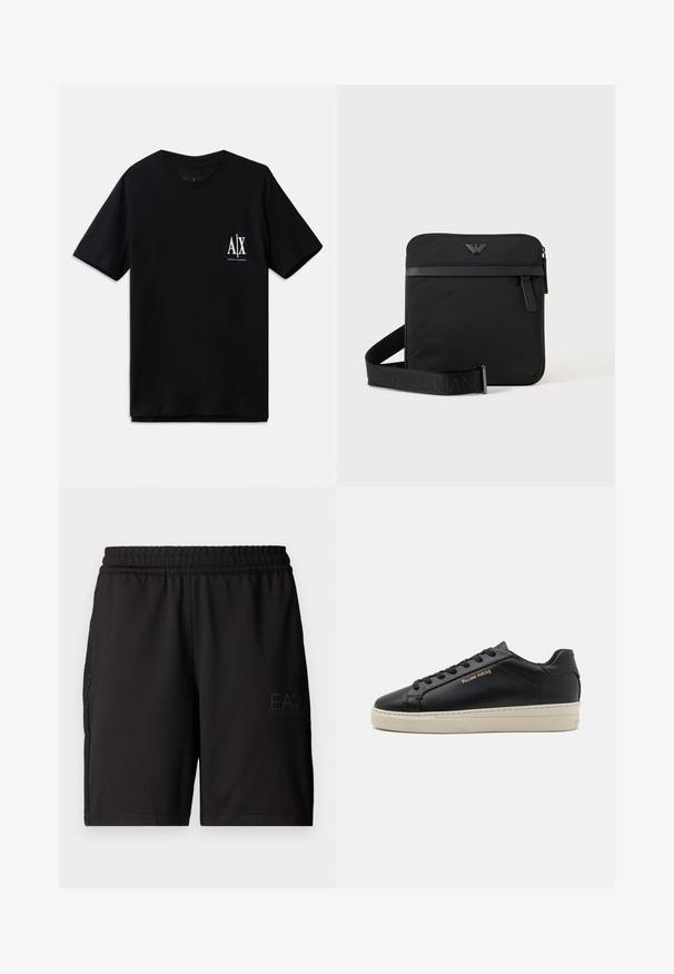 Camiseta de manga corta negra de algodón, con un pequeño logo blanco en el lado izquierdo del pecho. Diseño simple de cuello redondo, textura suave.; Pantalones cortos deportivos negros hechos de un tejido ligero, con una cinturilla elástica y paneles laterales de malla. Logo de la marca impreso en la parte delantera.; Zapatilla de cuero negra con un acabado suave, suela crema en contraste, puntera redonda, logo dorado en el lateral y seis ojales para los cordones.; Bolso de hombro negro cuadrado con cierre de cremallera, bolsillo delantero y correa ajustable con nombre de marca en relieve.