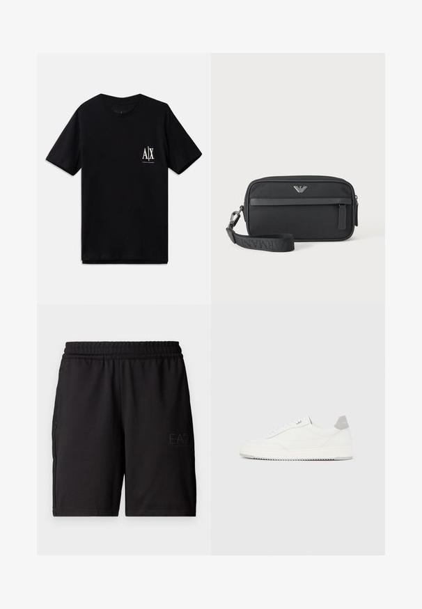 Schwarzes T-Shirt mit kurzen Ärmeln aus Baumwolle, ausgestattet mit einem kleinen weißen Logo auf der linken Brust. Einfaches Rundhalsausschnitt-Design, glatte Textur.; Schwarze Sportshorts aus leichtem Material, mit elastischem Bund und seitlichen Netzpaneelen. Markenlogo auf der Vorderseite gedruckt.; Weißer Sneaker mit niedrigem Schaft, grauem Fersenlaschen, weißen Schnürsenkeln und einer strukturierten Sohle, dargestellt vor einem schlichten hellen Hintergrund.; Schwarze rechteckige Armbanduhr-Tasche mit vorderer Reißverschlusstasche, silbernem Logo-Emblem und abnehmbarem Riemen mit gebrandetem Text.